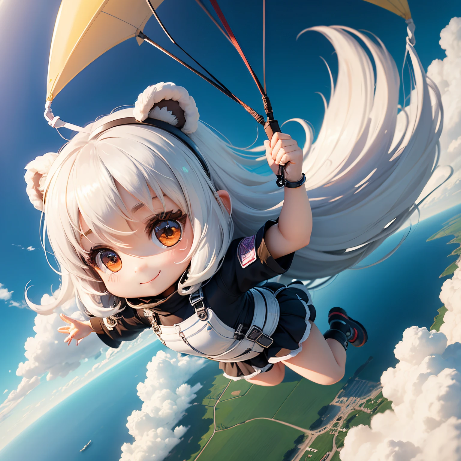 masterpiece、top-quality、ultra-detailliert、(Chibi Chara's Daughter:1.2)、skydiving with parachute、wide shot from drone、long white hair swaying in the wind、Wearing a fluffy bear costume、A smile、