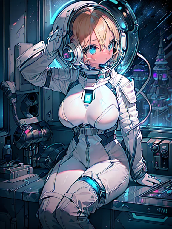 masterpiece:1.4, 1girl in ((20yr old,Spacesuit helmet、 Wearing a futuristic white and silver costume, Tight Fit Bodysuit, long boots, Very gigantic-breasts, Multicolored blonde hair, a short bob, Perfect model body, Blue eyes:1.4, Wearing headphones, Flirting, Looking out the window of the futuristic sci-fi space station、While admiring the beautiful galaxy:1.2, SFSF control room on night background:1.1, Neon and energetic atmosphere:1.2)) ((Galaxy)) ((Solo:1.6))