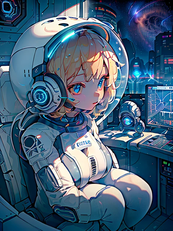 ​masterpiece:1.4, 1girl in ((20yr old,Spacesuit helmet、 Wearing a futuristic white and silver costume, Tight Fit Bodysuit, long boots, Very gigantic-breasts, Multicolored blonde hair, a short bob, Perfect model body, Blue eyes:1.4, Wearing headphones, Flirting, Looking out the window of the futuristic sci-fi space station、While admiring the beautiful galaxy:1.2, SFSF control room on night background:1.1, Neon and energetic atmosphere:1.2)) ((Galaxy)) ((Solo:1.6))