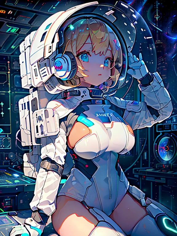 ​masterpiece:1.4, 1girl in ((20yr old,Spacesuit helmet、 Wearing a futuristic white and silver costume, Tight Fit Bodysuit, long boots, Very gigantic-breasts, Multicolored blonde hair, a short bob, Perfect model body, Blue eyes:1.4, Wearing headphones, Flirting, Looking out the window of the futuristic sci-fi space station、While admiring the beautiful galaxy:1.2, SFSF control room on night background:1.1, Neon and energetic atmosphere:1.2)) ((Galaxy)) ((Solo:1.6))