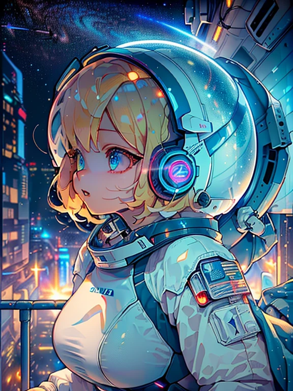 masterpiece:1.4, 1girl in ((20yr old,Spacesuit helmet、 Wearing a futuristic white and silver costume, Tight Fit Bodysuit, long boots, Very gigantic-breasts, Multicolored blonde hair, a short bob, Perfect model body, Blue eyes:1.4, Wearing headphones, Flirting, Looking out the window of the futuristic sci-fi space station、While admiring the beautiful galaxy:1.2, SFSF control room on night background:1.1, Neon and energetic atmosphere:1.2)) ((Galaxy)) ((Solo:1.6))