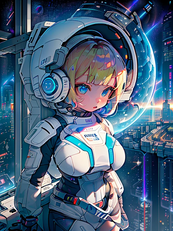 ​masterpiece:1.4, 1girl in ((20yr old,Spacesuit helmet、 Wearing a futuristic white and silver costume, Tight Fit Bodysuit, long boots, Very gigantic-breasts, Multicolored blonde hair, a short bob, Perfect model body, Blue eyes:1.4, Wearing headphones, Flirting, Looking out the window of the futuristic sci-fi space station、While admiring the beautiful galaxy:1.2, SFSF control room on night background:1.1, Neon and energetic atmosphere:1.2)) ((Galaxy)) ((Solo:1.6))