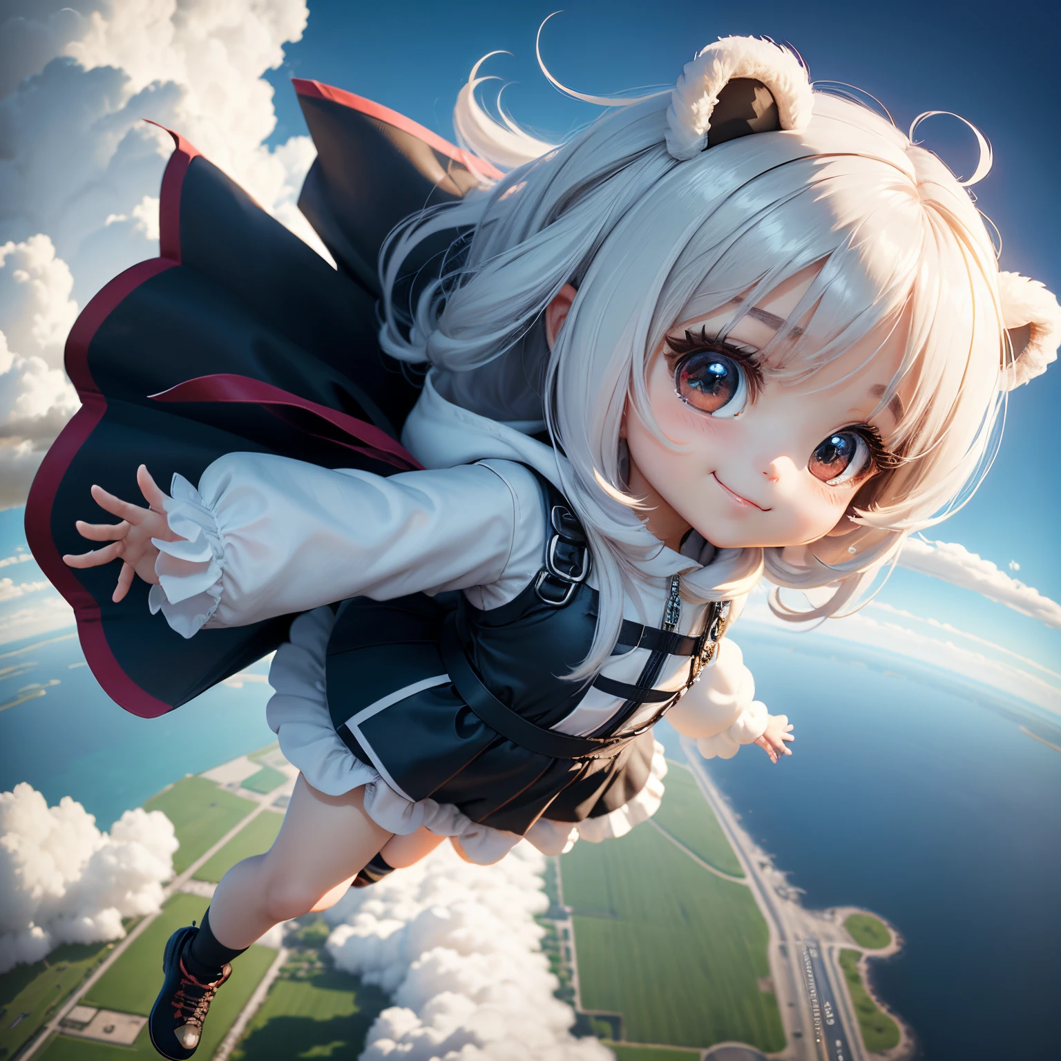 ​masterpiece、top-quality、ultra-detailliert、(Chibi Chara's Daughter:1.2)、skydiving with parachute、wide shot from drone、long white hair swaying in the wind、Wearing a fluffy bear costume、A smile、