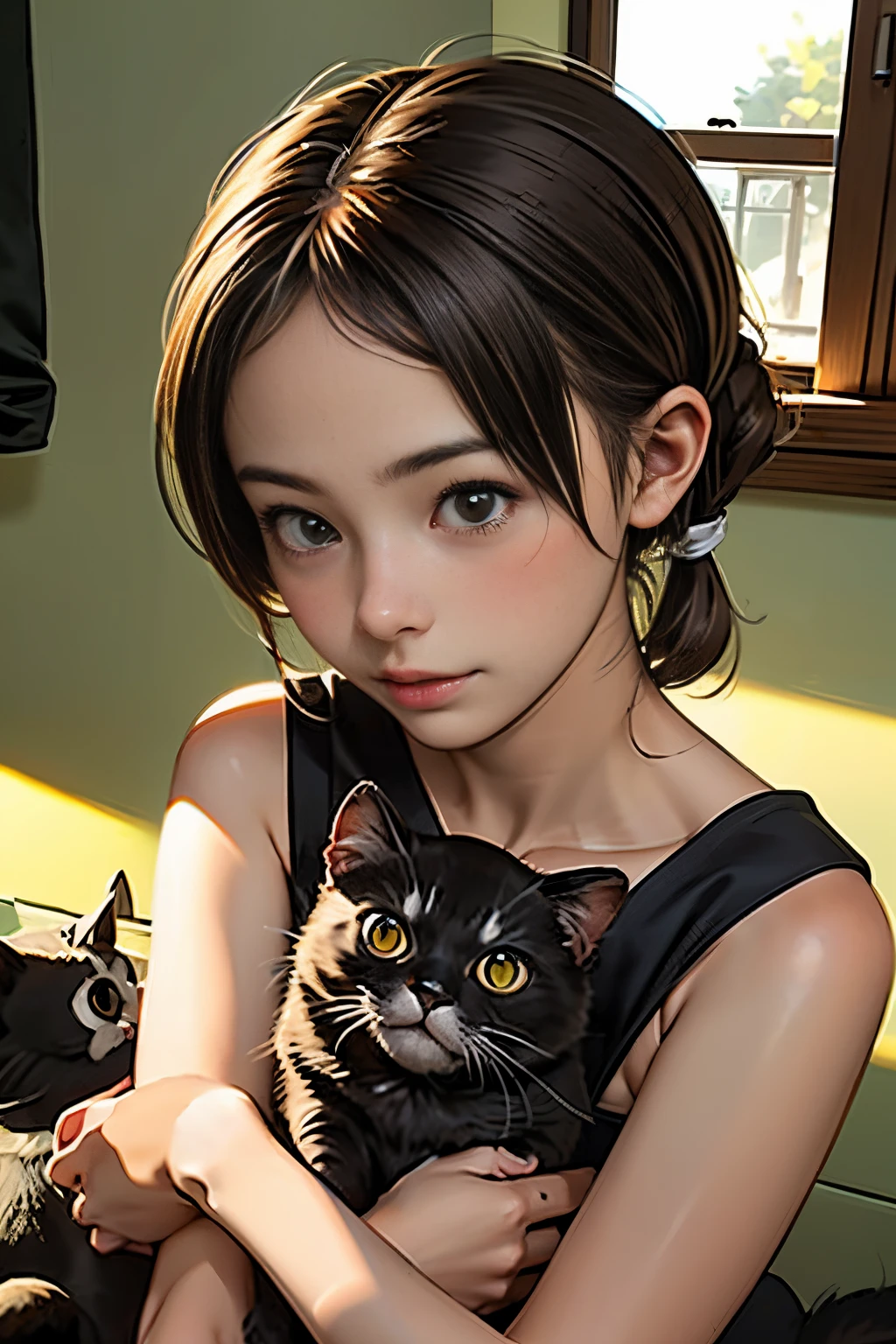 top-quality、Girl holding a black cat、 girl、Bun hair with brown hair tied、Black cat、Natural look、longshot、Natural light