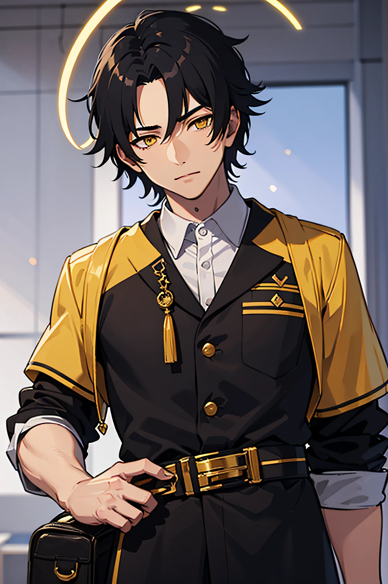 1boy, Man, Tall, Handsome, Black Hair, Messy Hair, Short Hair, Yellow Eyes, Halo, Black and Gold Student Council Uniform