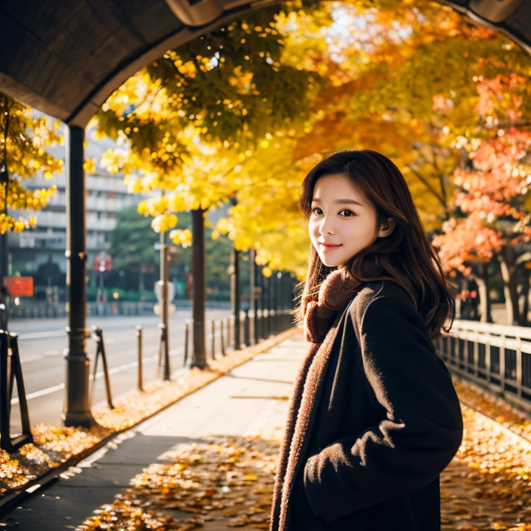 In the middle of a tunnel-like promenade of autumn leaves、A woman with the same face as last time,4K,Graceful posing。