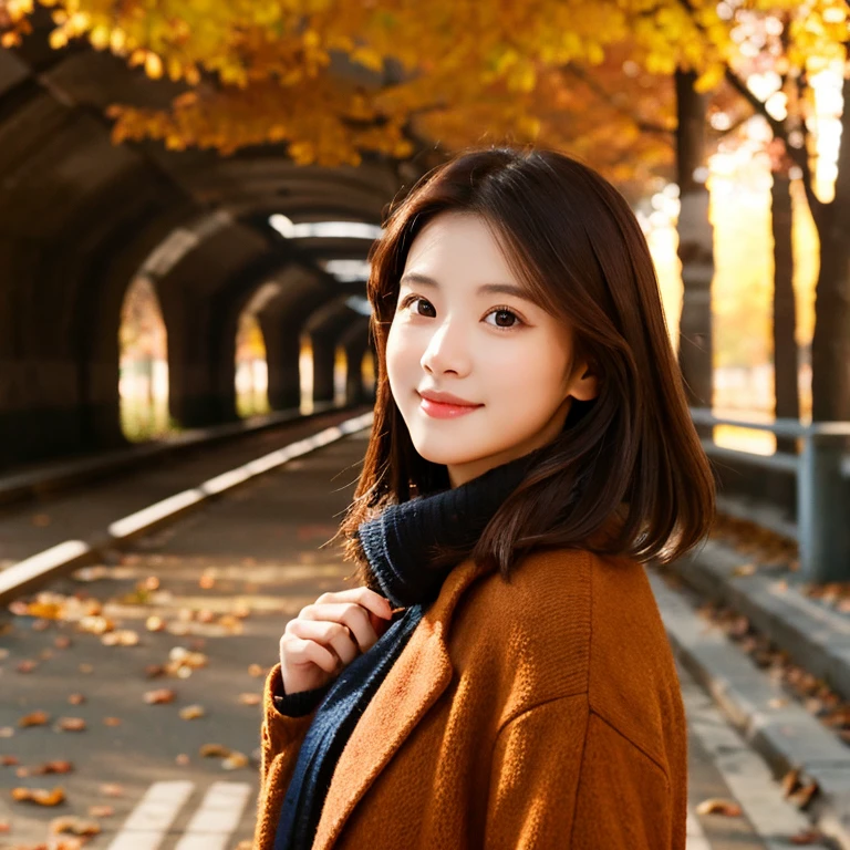 In the middle of a tunnel-like promenade of autumn leaves、A woman with the same face as last time,4K,Graceful posing。