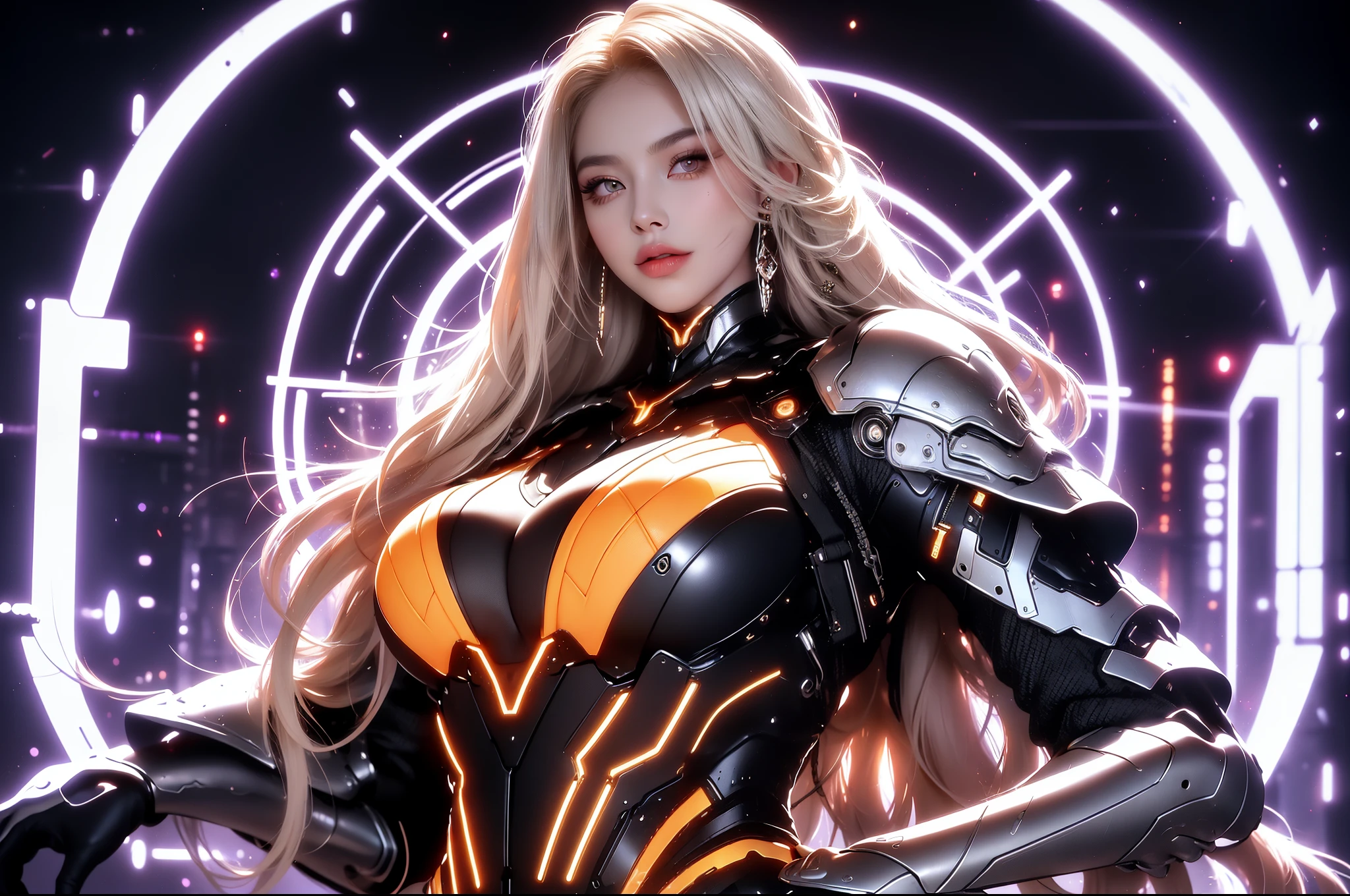 (masterpiece), best quality, expressive eyes, perfect face, beautiful details face, beautiful round eyes, full body, A beautiful mature woman in cyber armour suit shows her Extremely busty and attractive breasts, (arrogant face), (platinum red hair), (curtained hair, streaked hair, expressive hair, shiny hair, glowing hair, multicolored hair, gradient hair, colored inner hair, straight hair, very long hair), fair skin, (beautiful detailed full bodysuit:1.3), (full body cyber armour), glowing and shining armour, silver and orange cyber armour, (Edge lights:1.3), (silver and orange colour scheme:1.3), neon light on armor, beautiful details eyes, (purple eyes:1.3), (glowing eyes:1.2), (Gigantic saggy breasts:1.5), tight breasts, thick body, (well accentuated curves), pink lips, (silver nails), mascara, Long eyelashes, eyeliners, (Extremely wide well defined hips:1.3), (beautiful massive thick thighs:1.3), slender figure, (Extremely detailed skin texture:1.2), beautiful detailed realistic muscle definition, glowing light that shimmer, high detailed eyes, ultra-high quality model, proportionate, intense colouration fantasy, (background fantasy cyber city), orange and gold tetradic colours, random poses, earrings, (1girl), solo, cowboy shot, shine