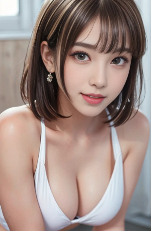 masterpiece、top-quality、超A high resolution、(photographrealistic:1.4)、((1girl in、White fair skin:1.4、full body Esbian、27yo、spotless、cute little、A dark-haired、bobhair_cut、short hair with bangs、爆乳))、(Bikini swimwear、Orange swimsuit、Glossy shiny shiny swimsuit、Glossy swimsuit with reflective surfaces)、(A smile、Happiness、Joy、jolly、closes mouth)、(Curvaceous)、(Ideal proportions)、High detailed eyes、beauty legs、long neck、(((short hair with bangs)))、Lashes、Big eyes、((Very beautiful、Very beautiful))、(((natural soft light、Put your ears out、gazing at viewer、Entice your audience、爆乳、Highlights in the eyes)))、(Photorealsitic:1.4), Shadow、(Top image quality:1.0), (超A high resolution:1.0), 8K, Raw photography, (masterpiece:0.2), (pureerosface), The face of the golden ratio、Detailed eyebrows、A detailed eye、Detailed nose、Detailed mouth、Detailed hand、Detailed ears、