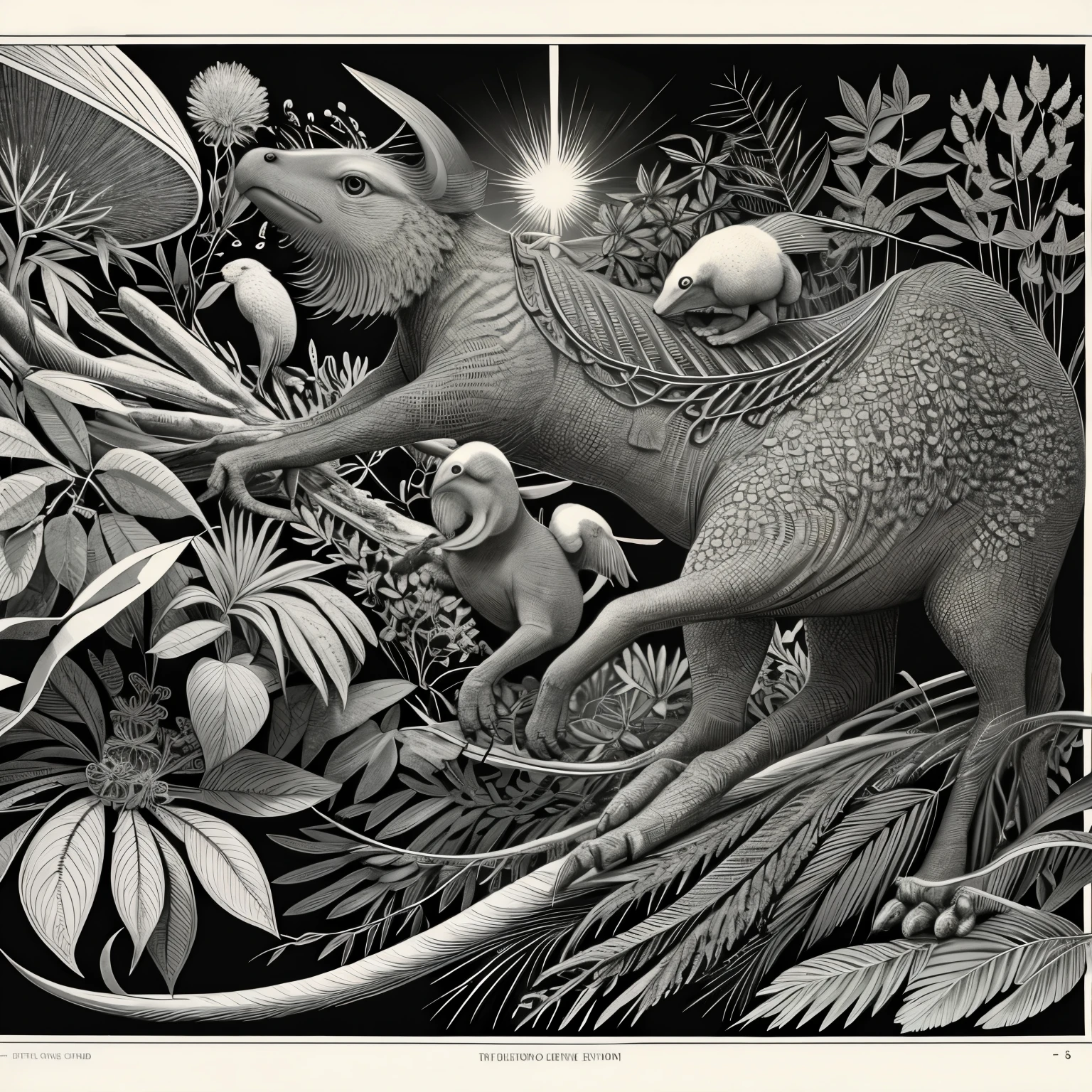 line art, theory of evolution, surreal, animals, plants, seeds