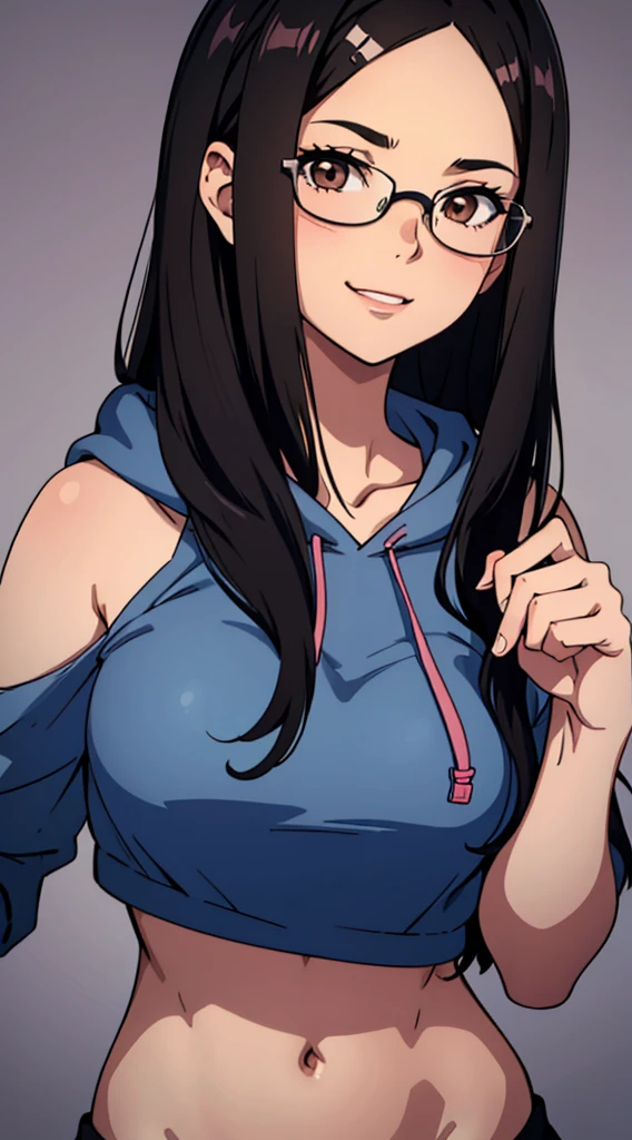 One Girl with black straight hair, straight hair, shoulder lenght hair. Brown eyes, wearing glasses, hair parted in middle, no bangs, no fringe, hair parted in center, round face, little chubby. smiling. Perfect body, perfect anatomy, detailed face, perfect hands, perfect fingers. Perfect body proportions. HD, clear picture. hairstyle with a center part, that the hair should be parted down the middle, creating a symmetrical look without any frontal hair covering the forehead. Wearing hoodie. Cute pose. Cute posing style. Blushing. Cute. Happy.