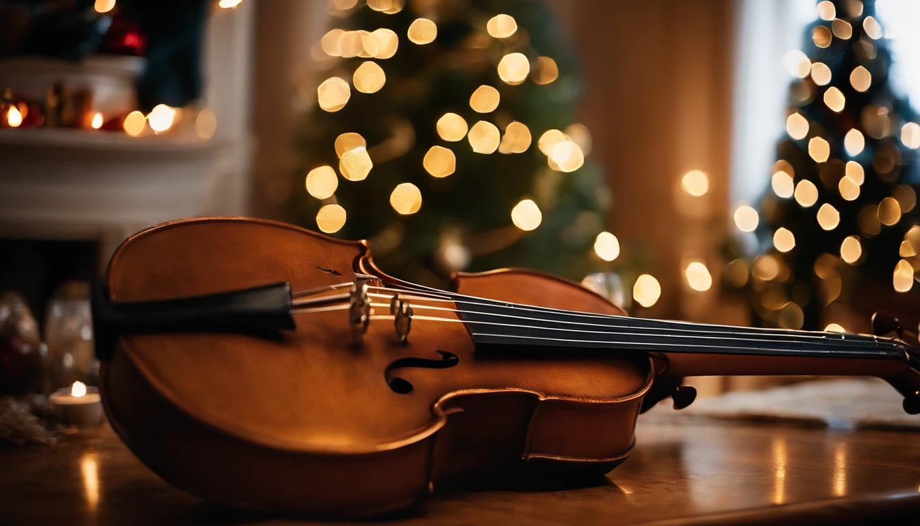 A close-up shot of a conceptual Christmas tree made of musical instruments, with guitars, violins, trumpets, and drums arranged to resemble the shape of a tree, adorned with musical notes and miniature instruments as ornaments, creating a visually appealing and harmonious holiday scene.