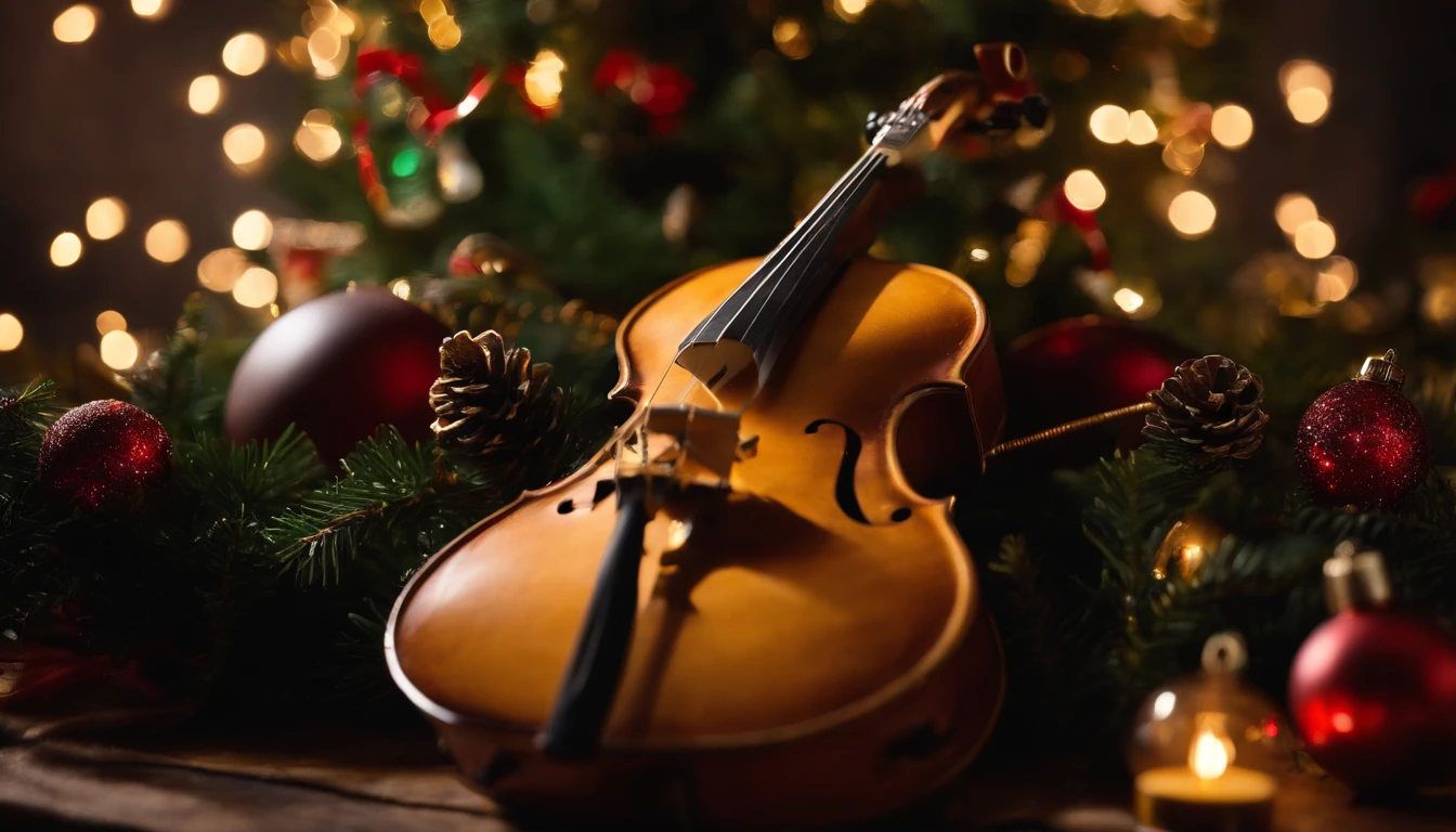 A close-up shot of a conceptual Christmas tree made of musical instruments, with guitars, violins, trumpets, and drums arranged to resemble the shape of a tree, adorned with musical notes and miniature instruments as ornaments, creating a visually appealing and harmonious holiday scene.