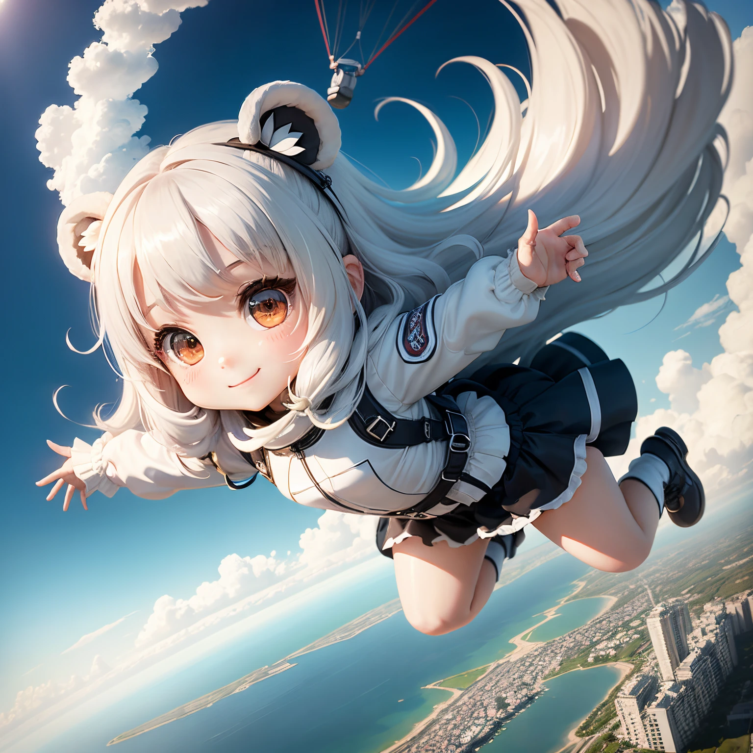 masterpiece、top-quality、ultra-detailliert、(Chibi Chara's Daughter:1.2)、skydiving with parachute、Panoramic photography from a drone、long white hair swaying in the wind、Wearing a fluffy bear costume、A smile、