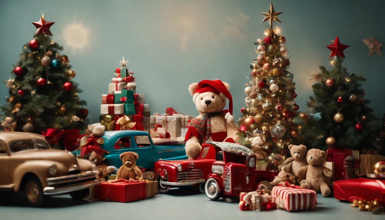 A high-resolution image of a conceptual Christmas tree made of vintage toys, with nostalgic playthings such as teddy bears, dolls, trains, and cars creatively stacked to form the shape of a tree, adorned with colorful ribbons and vintage-inspired ornaments, creating a whimsical and sentimental holiday display