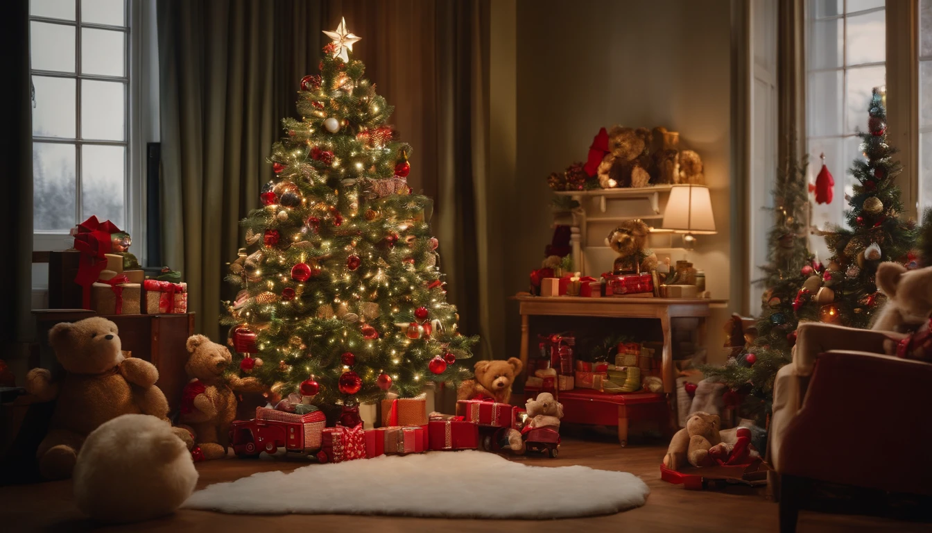A high-resolution image of a conceptual Christmas tree made of vintage toys, with nostalgic playthings such as teddy bears, dolls, trains, and cars creatively stacked to form the shape of a tree, adorned with colorful ribbons and vintage-inspired ornaments, creating a whimsical and sentimental holiday display