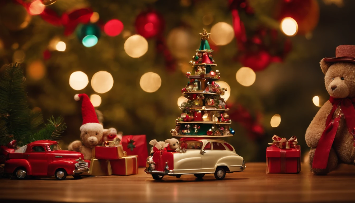 A high-resolution image of a conceptual Christmas tree made of vintage toys, with nostalgic playthings such as teddy bears, dolls, trains, and cars creatively stacked to form the shape of a tree, adorned with colorful ribbons and vintage-inspired ornaments, creating a whimsical and sentimental holiday display