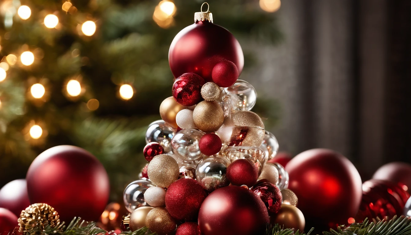 A visually pleasing composition of a conceptual Christmas tree made entirely of delicate glass ornaments, with various sizes and shapes of glass baubles arranged to form the shape of a tree, reflecting light and creating a visually captivating and shimmering holiday centerpiece