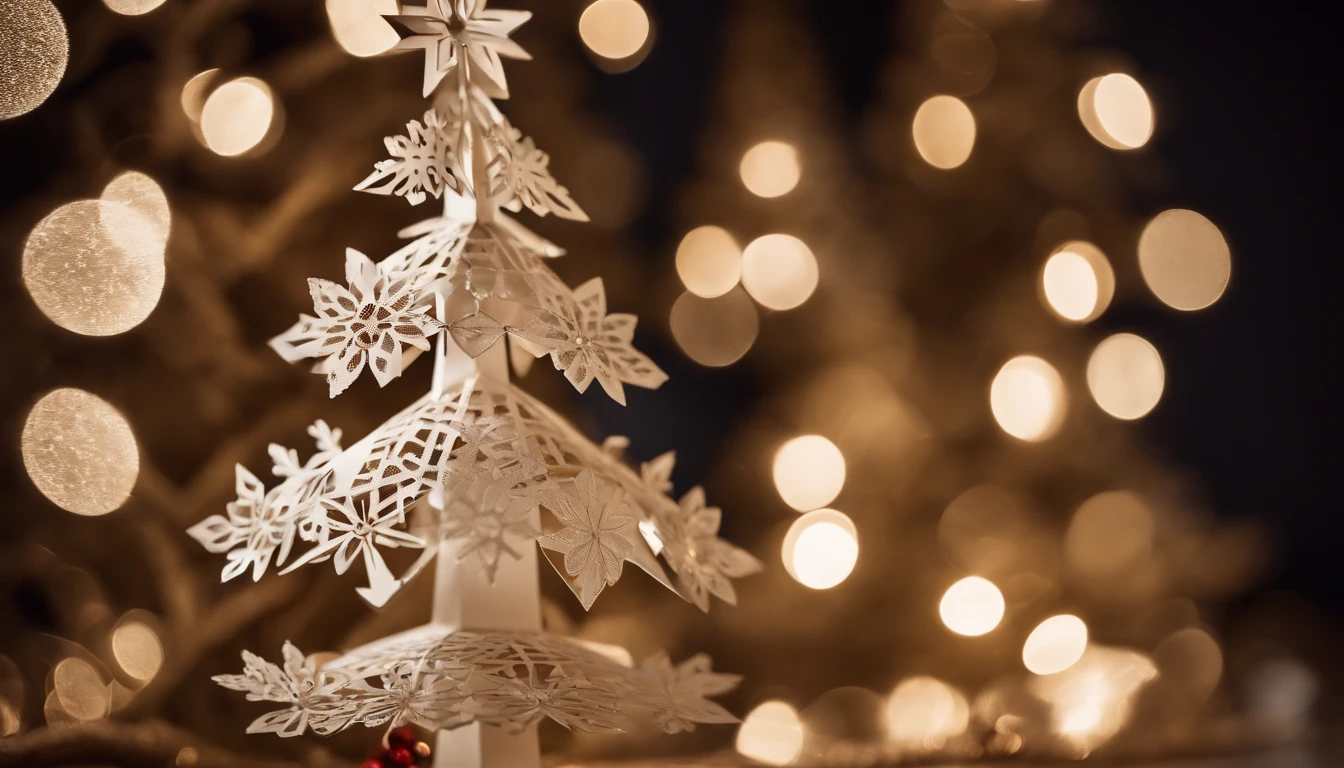A close-up shot of a conceptual Christmas tree made of paper snowflakes, with intricately cut snowflakes of different sizes and designs arranged to resemble the shape of a tree, suspended from the ceiling and softly illuminated, creating a visually enchanting and wintery holiday scene