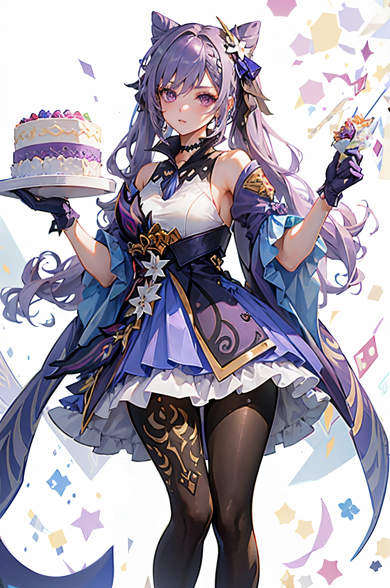 1 girl solo, light purple hair, magenta eyes, black gloves, purple and white dress ((holding a big cake)), ((birthday cake in her hands))