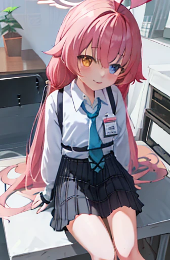 女の子1人、Hoshino（blue archive）、独奏、Heterochromia、A pink-haired、skirt by the、Long、neck tie、Ahoge、The shirt、The halo、Plaid skirt、blue eyess、Plaid、looking at viewert、white  shirt、sitting on、Orange eyes、Chest Harness、Harnes、long-sleeve、ID cards、Opening Mouth、Very long hair、shirt with collar、a smile、blue tie、bangss、Legs protruding from the frame、between legs、Hands between legs、red blush、hair between eye、Hi-Res、​masterpiece、top-quality、hoshino \(blue archive\)