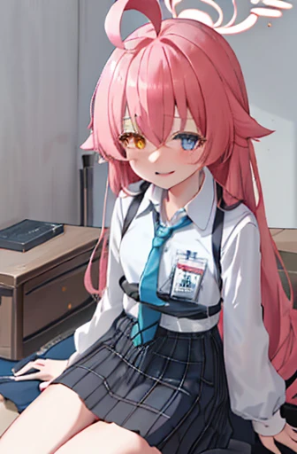1人、Hoshino(blue archive)、独奏、Heterochromia、A pink-haired、skirt by the、Long、neck tie、Ahoge、The shirt、The halo、Plaid skirt、blue eyess、Plaid、looking at viewert、white shirt、sitting on、Orange eyes、Chest Harness、Harnes、long-sleeve、ID cards、Opening Mouth、Very long hair、shirt with collar、a smile、blue tie、bangss、Legs protruding from the frame、between legs、Hands between legs、red blush、hair between eye、Hi-Res、masterpiece、top-quality、hoshino \(blue archive\)