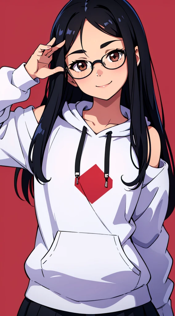 One Girl with black straight hair, straight hair, shoulder lenght hair. Brown eyes, wearing glasses, hair parted in middle, no bangs, no fringe, hair parted in center, round face, little chubby. Happy and smiling. Perfect body, perfect ???????, detailed face, perfect hands, perfect fingers. Perfect body proportions. HD, clear picture. hairstyle with a center part, that the hair should be parted down the middle, creating a symmetrical look without any frontal hair covering the forehead. Wearing hoodie. Cute pose. Cute posing style. Blushing. Cute. Happy. Cute pose with happy face. Enjoying the moment.