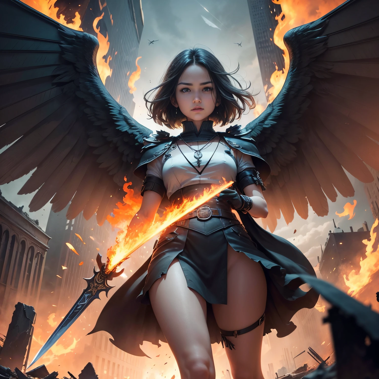 detailed face, super low angle, (flying seraph), human face, (long and wide 12 wings), thick sword on fire, ruins in the city, skyscraper, impact, high speed, flame, necklace on fire, (battle field), 3 fighter jet,