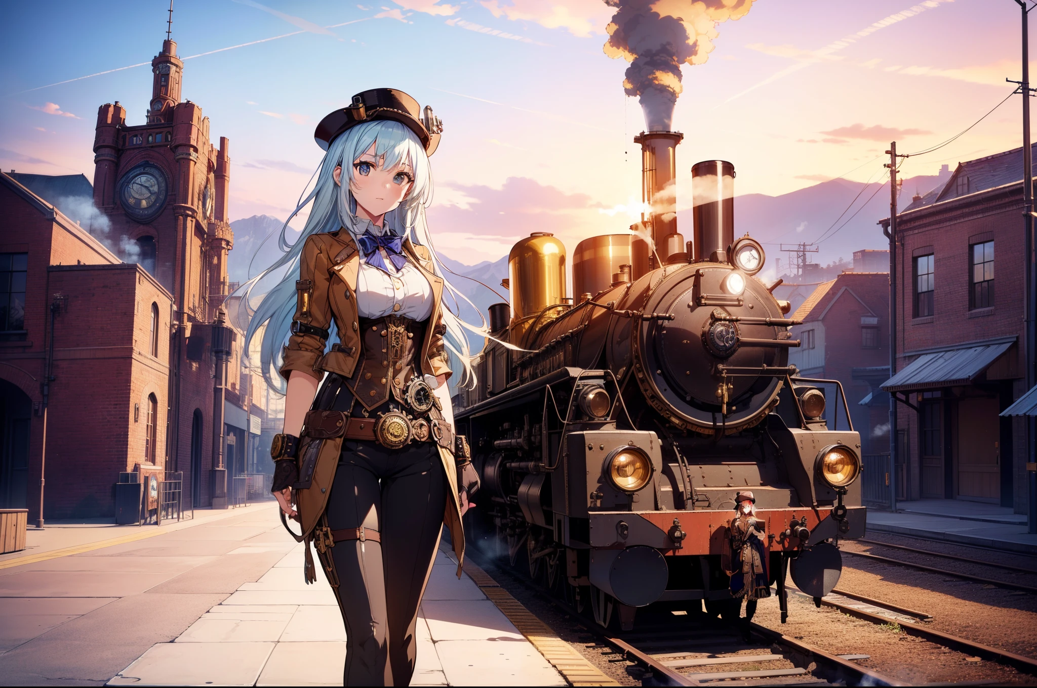 1 cute girl , standing in front of steam Locomotive, (cowboy shot) , close to viewer, (character focus),  ((steampunk )), in station platform, one-point perspective, high resolution,(incredibly absurdres) ,extremely detailed CG unity 8k wallpaper, ((masterpiece)), ((top-quality)), (beautiful illustration), ((an extremely delicate and beautiful))