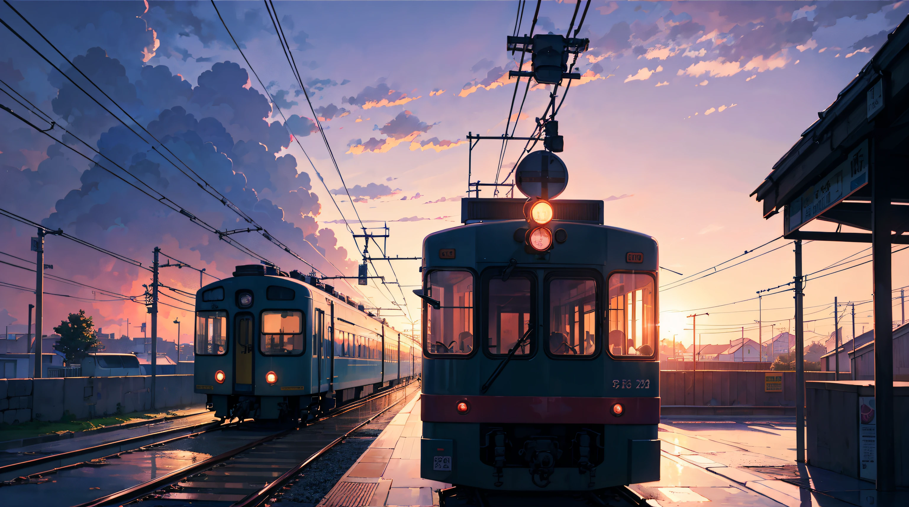 anime train scene, Passing under a pink-purple sky, an anime drawing by Makoto Shinkai, Pixiv Trends, magical realism, beautiful anime scene. makoto sinkai, ( ( makoto sinkai ), makoto sinkai, Anime Background Art, style of makoto shinkai, Lots of rain、High school girl alone at the station