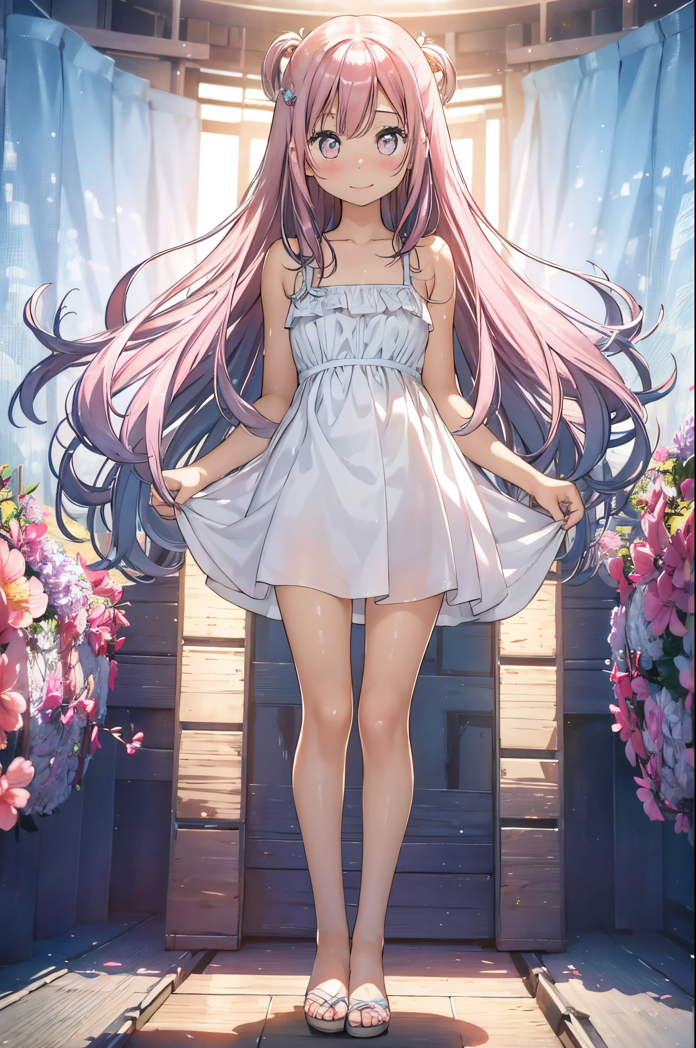 a girl、 female、a picture、realisticlying、top-quality、adopt、A detailed face、pink long hair、lightly smileing,Southern island、tropical white sand beach,full body Esbian、micro White Bikini、a detailed backgrounds、diffuse sunlight、depth of fields、Bokeh,dutch angle