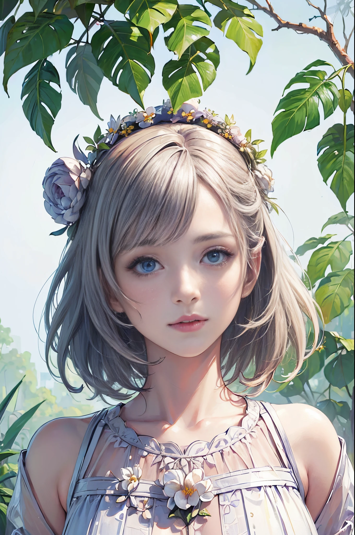 (best quality,high resolution,masterpiece:1.2),ultra-detailed,(realistic,photorealistic,photo-realistic:1.37),trending art station,CG community,complex,detailed focus,dramatic,mid-journey, and Greg Rutkowski's realistic portrait paintings,sketch,artwork,1 girl,portrait,beautiful detailed eyes,cute anime face,portrait,beautiful detailed face,white hair,(botanical illustration:1.5),white dress,adorable expression
