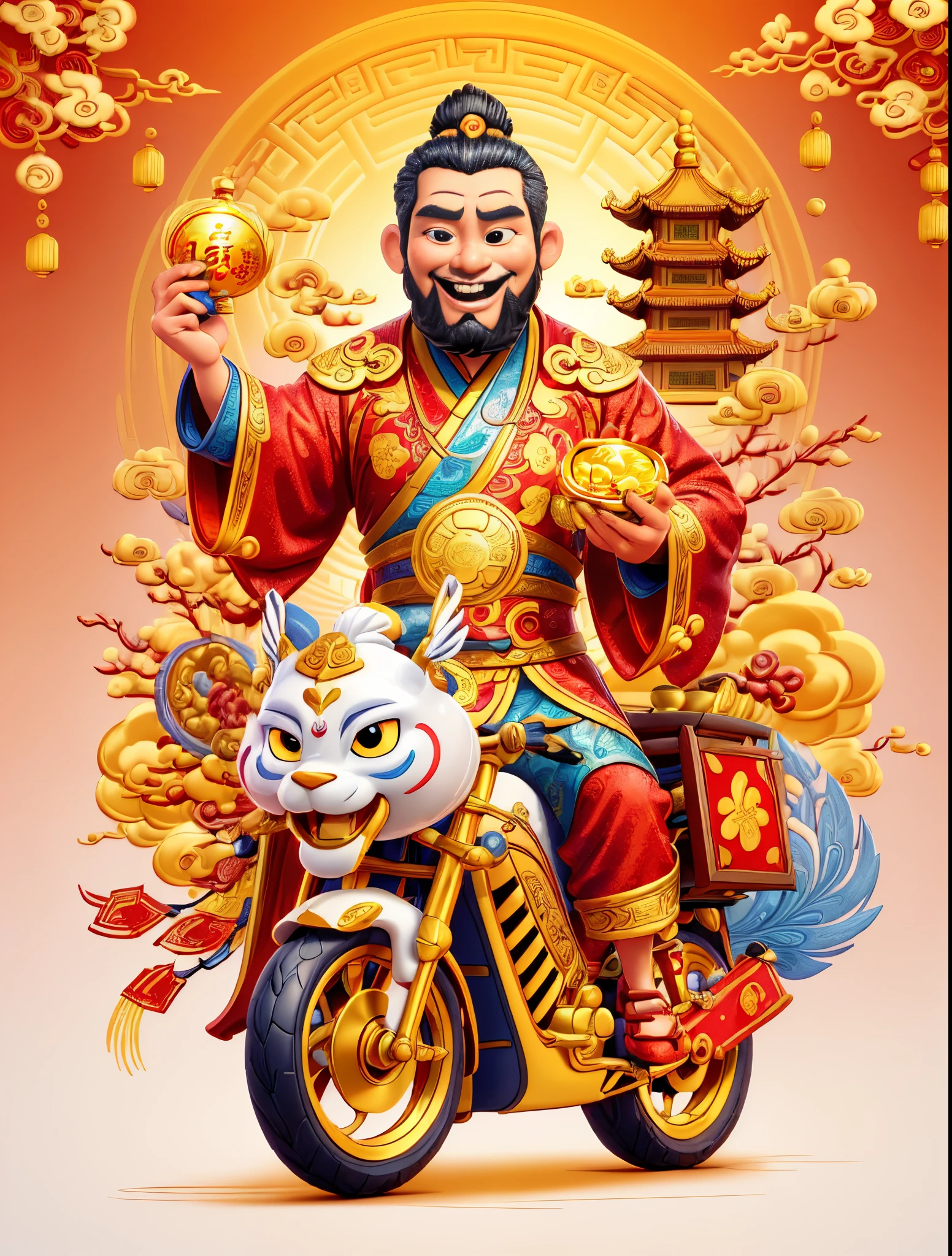 pixar style, (long shot: 1.8), (Chinese - chic Chinese mythological God of Wealth, anatomically correct, oriental elements), (A lovely God of Wealth,Riding an e-bike,Backpack packed with gold ingots,Treasures follow), (China - Stylish Illustration: 1.5, Vector Drawing: 1.5), (Chinese Colors, Advanced Color Matching, Gradient Background, White Background: 1.5), (Very Detailed, Well Designed, Clear Lines, High Definition, Best Quality, Masterpiece, Official Art, Cinematic Lighting Effects, 8K)