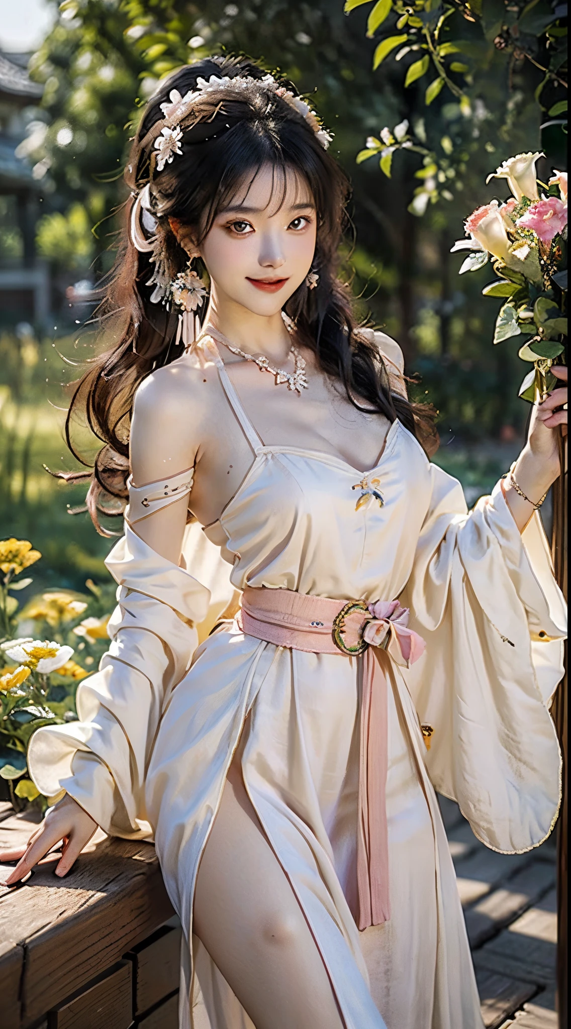 ((knee shot)), Shot from a random perspective, ((actual)), 1 Asian female model, A young girl, (closeup cleavage), the night, themoon, (In the gazebo, Stand up, standing on your feet, Leaning against the guardrail), Pleasing posture, Various postures attract attention, Flirting skirts, detailed scene, slender leg, curlies, hair pin, beautiful hair ornaments, Brownish-yellow hair, light make-up, blush blush, gloss on the lips, (Hanfu), ((White flower hanfu, draped in silk, DEEP-V COLLAR, high-waist, nice belt)), (white colors, Light yellow, light pink, cyan colors), ((warmly lit, Warm color palette)), (Extremely high color saturation), detailed detail, ultra - detailed, (tmasterpiece, Best quality), (An extremely delicate and beautiful work), elaborate earrings, delicatenecklace, simple blurr background, Extremely detailed description, Ultra-fine painting, s delicate face, slim toned body, Slimming the waist, (happy grin), (Anatomical correct)