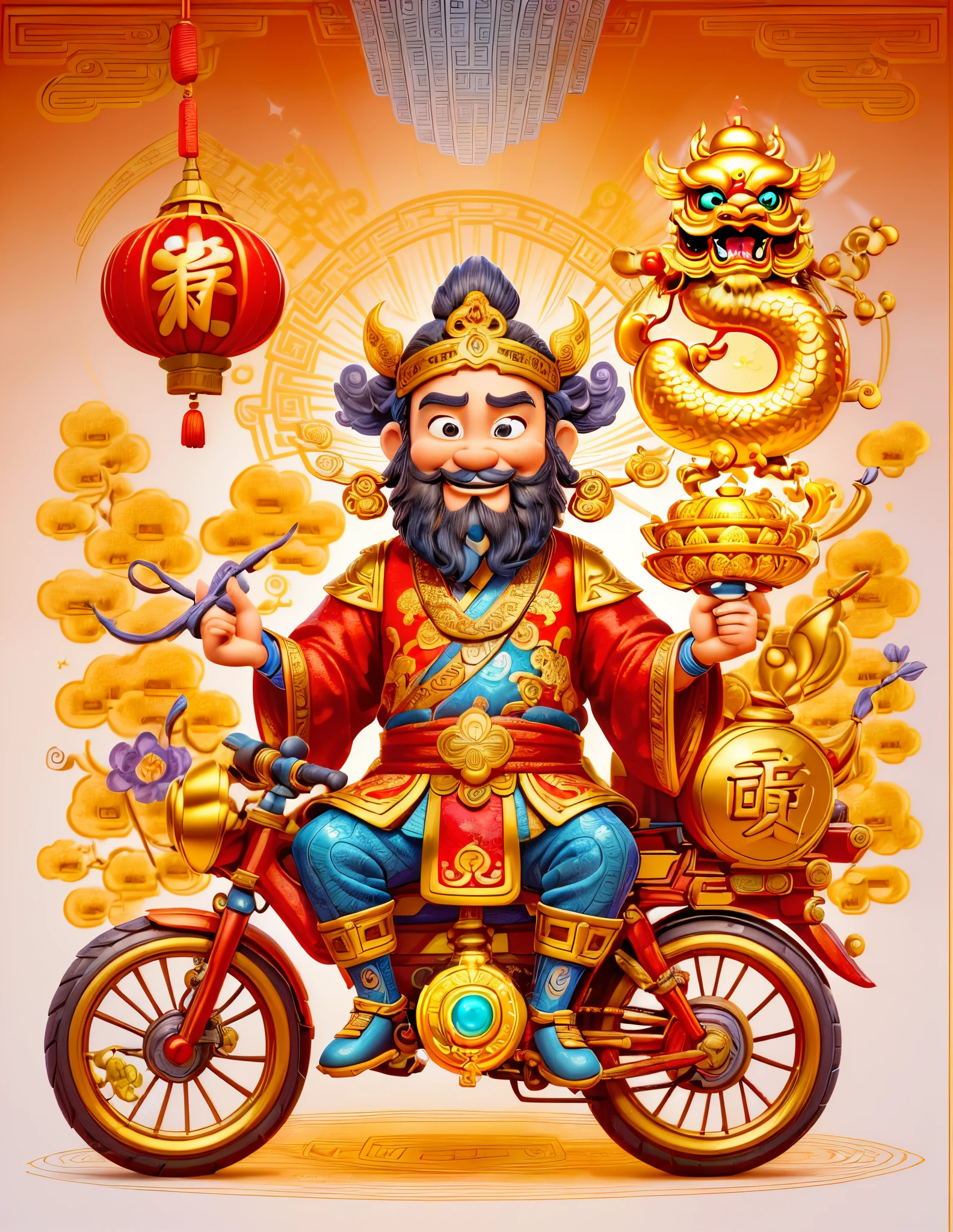 pixar style, (long shot: 1.8), (Chinese - chic Chinese mythological God of Wealth, anatomically correct, oriental elements), (A lovely God of Wealth,Riding an e-bike,Backpack packed with gold ingots,Treasures follow), (China - Stylish Illustration: 1.5, Vector Drawing: 1.5), (Chinese Colors, Advanced Color Matching, Gradient Background, White Background: 1.5), (Very Detailed, Well Designed, Clear Lines, High Definition, Best Quality, Masterpiece, Official Art, Cinematic Lighting Effects, 8K)