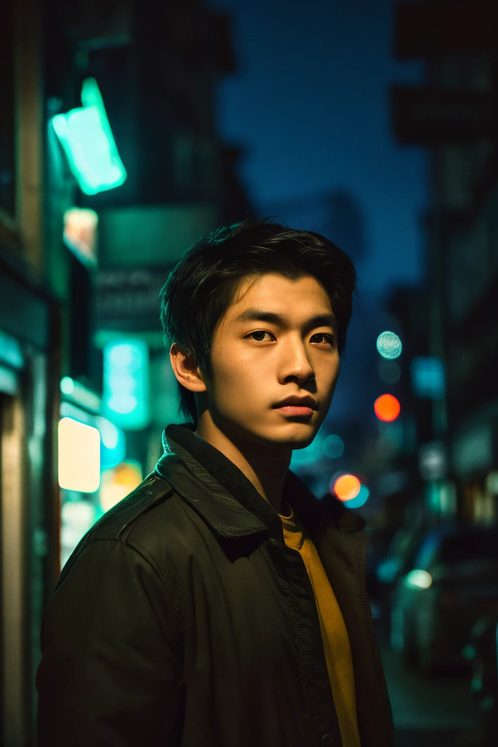 One Man、top-quality、realisitic、(faded texture)、in 8K、Detailed skin、Young Asian、20yr old、ultra-detailliert、hight resolution、Killer、There are shadows on the face、profetional lighting、Wild、Night World、A shady world、gazing into distance、
