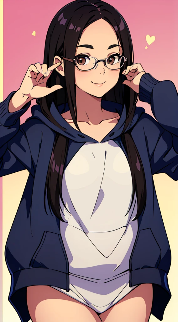 One Girl with black straight hair, straight hair, shoulder lenght hair. Brown eyes, wearing glasses, hair parted in middle, no bangs, no fringe, hair parted in center, round face, little chubby. Happy and smiling. Cute pose, Perfect body, perfect anatomy, detailed face, perfect hands, perfect fingers. Perfect body proportions. HD, clear picture. hairstyle with a center part, that the hair should be parted down the middle, creating a symmetrical look without any frontal hair covering the forehead. Wearing hoodie. Cute pose. Cute posing style. Blushing. Cute. Happy. Cute pose with happy face. Enjoying the moment. Nice and happy pose.
