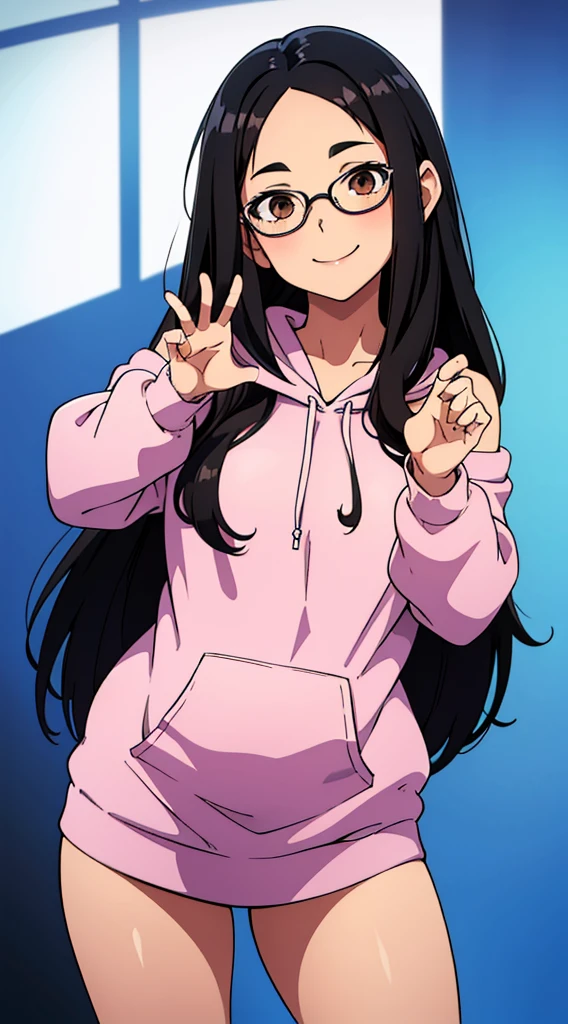 One Girl with black straight hair, straight hair, shoulder lenght hair. Brown eyes, wearing glasses, hair parted in middle, no bangs, no fringe, hair parted in center, round face, little chubby. Happy and smiling. Cute pose, Perfect body, perfect anatomy, detailed face, perfect hands, perfect fingers. Perfect body proportions. HD, clear picture. hairstyle with a center part, that the hair should be parted down the middle, creating a symmetrical look without any frontal hair covering the forehead. Wearing hoodie. Cute pose. Cute posing style. Blushing. Cute. Happy. Cute pose with happy face. Enjoying the moment. Nice and happy pose.