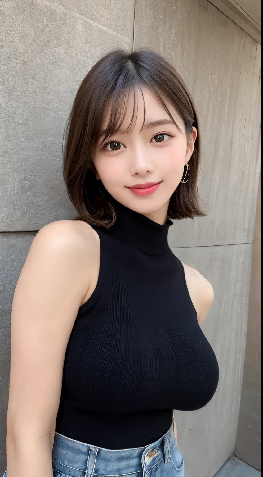 masutepiece、Best Quality、Illustration、 ultra-detailliert、hight resolution、8K Wallpapers、Perfect dynamic composition,、Beautiful detailed eyes、Medium Hair、(Beautiful Large Breasts:1.3)、Natural Color Lip、Bold sexy poses、Smile、Harajuku、20 years girl、Cute、Sexy shot looking at camera、(top-quality: 1.3), (masterpiece: 1.3), (Super Detail: 1.3), (wall-paper, one girls: 1.1)、(Detailed hands and fingers:1.2)、(Detailed ultra-oily shiny skin:1.1)、oily shiny thighhigh、(Perfect beautiful black sleeveless high neck knit top:1.4)、Denim shorts、Brown hair、short-hair、bouncing hair、Beautiful sister、(a park:1.2)、(Beautiful Large Breasts:1.2) 、((laying on back)),Raising arms
