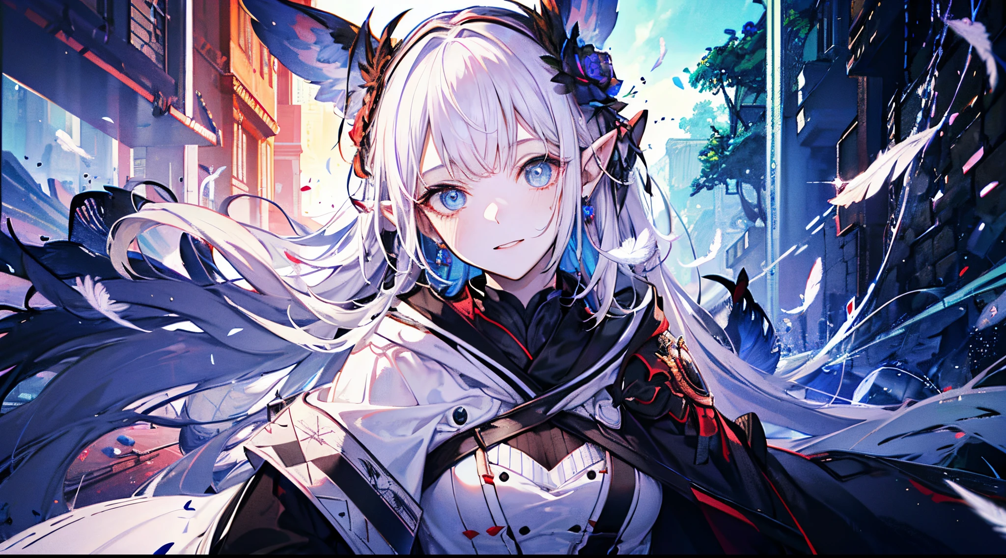 one-girl,Squinted eyes,There are red lines on the face,pointy ears,sapphires,ear jewelry,ssmile, burning feathers, Chevoglis Court, white Pigtail, Prompts are highlighted in gray, eBlue eyes, Black and red patterned robe,The sleeves are long,The body was wrapped in blood-white bandages., Scattered white fragments,, Tattered black full body armor, and a tattered black hooded cloak.,Boating in the lake.... (Best quality,4K,8K,A high resolution,tmasterpiece:1.2), ultra - detailed, (actual,realistically,realistically:1.37), HighDynamicRange, hyper HD, Studio lighting, Ultra-fine painting, Focus sharp, physically-based renderingt, Extremely detailed description, Sky red giant eye pattern,jungle lake,Pagodas