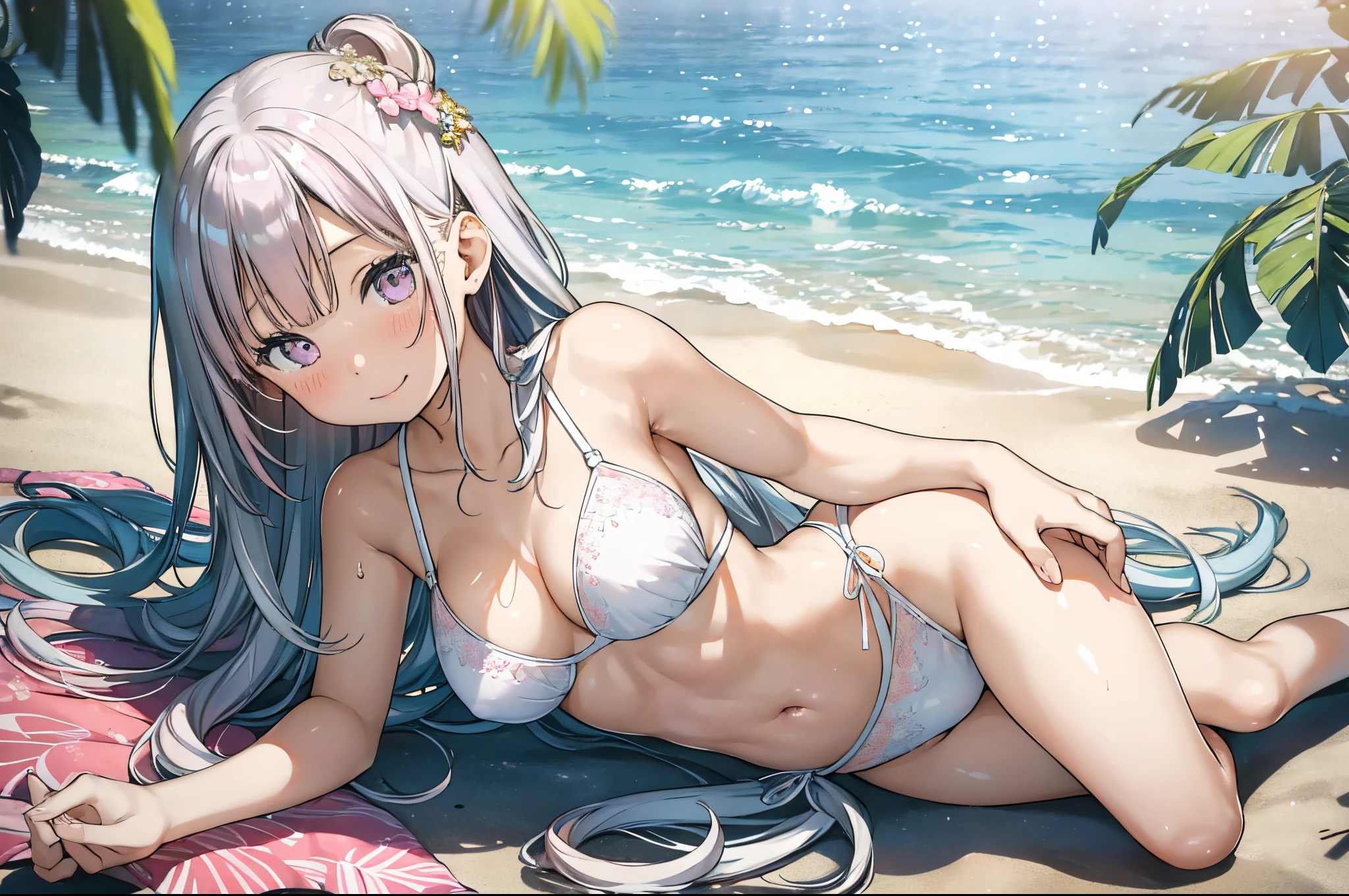 a girl、 female、a picture、realisticlying、top-quality、adopt、A detailed face、pink long hair、lightly smileing,Southern island、tropical white sand beach,full body Esbian、micro White Bikini、a detailed backgrounds、diffuse sunlight、depth of fields、Bokeh,dutch angle