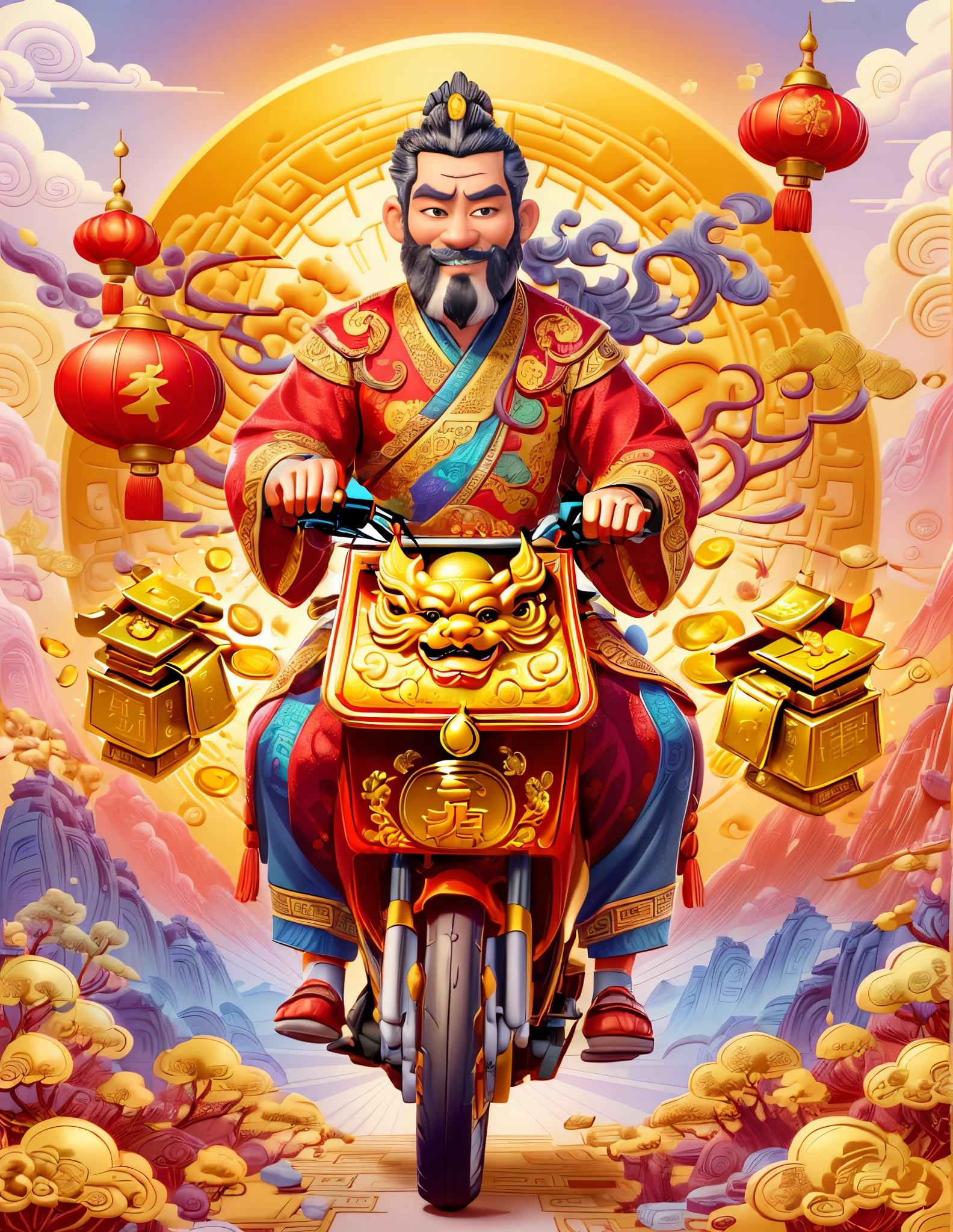pixar style, (long shot: 1.8), (Chinese - chic Chinese mythological God of Wealth, anatomically correct, oriental elements), (A lovely God of Wealth,Riding an e-bike,Backpack packed with gold ingots,Treasures follow), (China - Stylish Illustration: 1.5, Vector Drawing: 1.5), (Chinese Colors, Advanced Color Matching, Gradient Background, White Background: 1.5), (Very Detailed, Well Designed, Clear Lines, High Definition, Best Quality, Masterpiece, Official Art, Cinematic Lighting Effects, 8K)