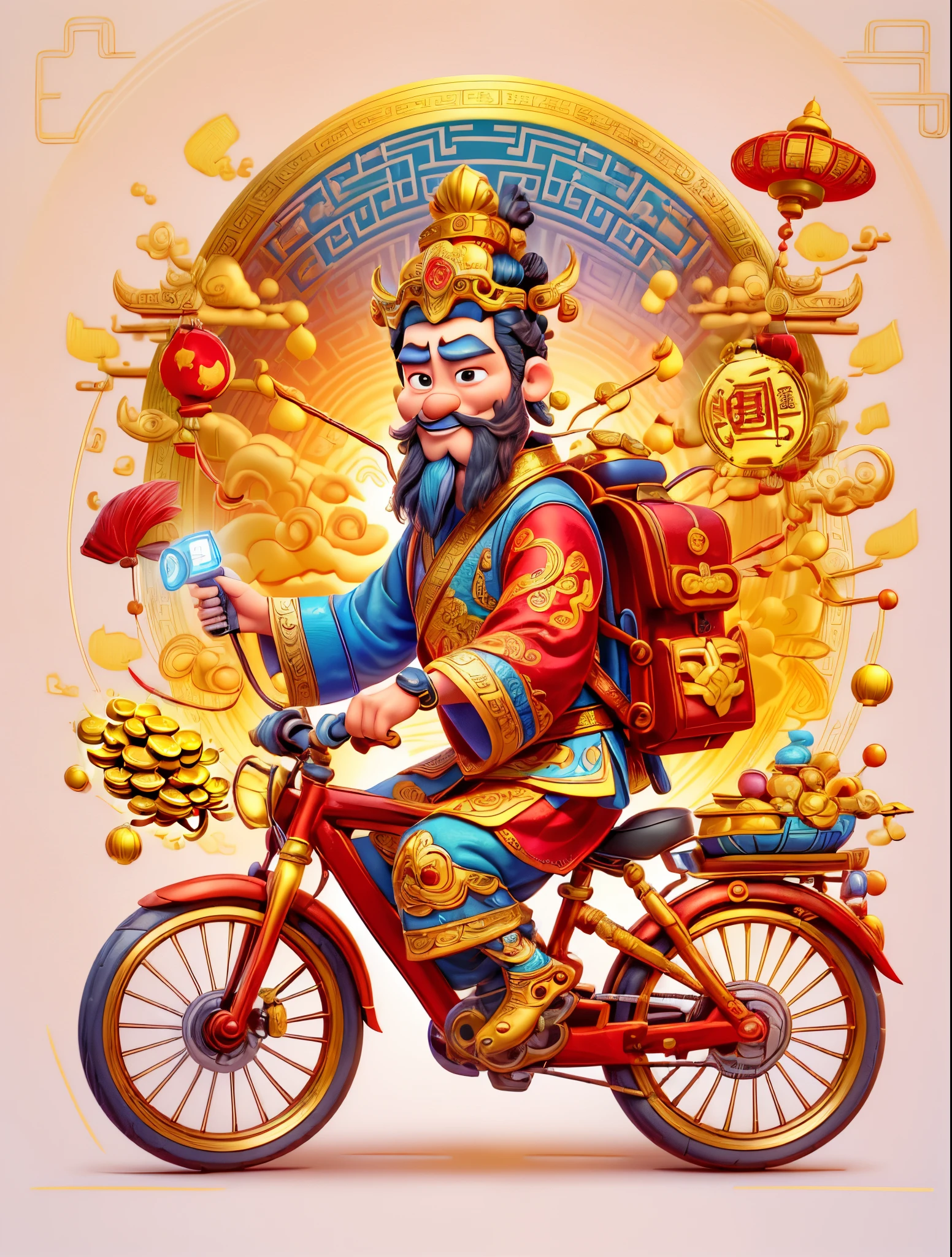 pixar style, (long shot: 1.8), (Chinese - chic Chinese mythological God of Wealth, anatomically correct, oriental elements), (A lovely God of Wealth，Riding an e-bike，Backpack packed with gold ingots，Treasures follow), (China - Stylish Illustration: 1.5, Vector Drawing: 1.5), (Chinese Colors, Advanced Color Matching, Gradient Background, White Background: 1.5), (Very Detailed, Well Designed, Clear Lines, High Definition, Best Quality, Masterpiece, Official Art, Cinematic Lighting Effects, 8K)