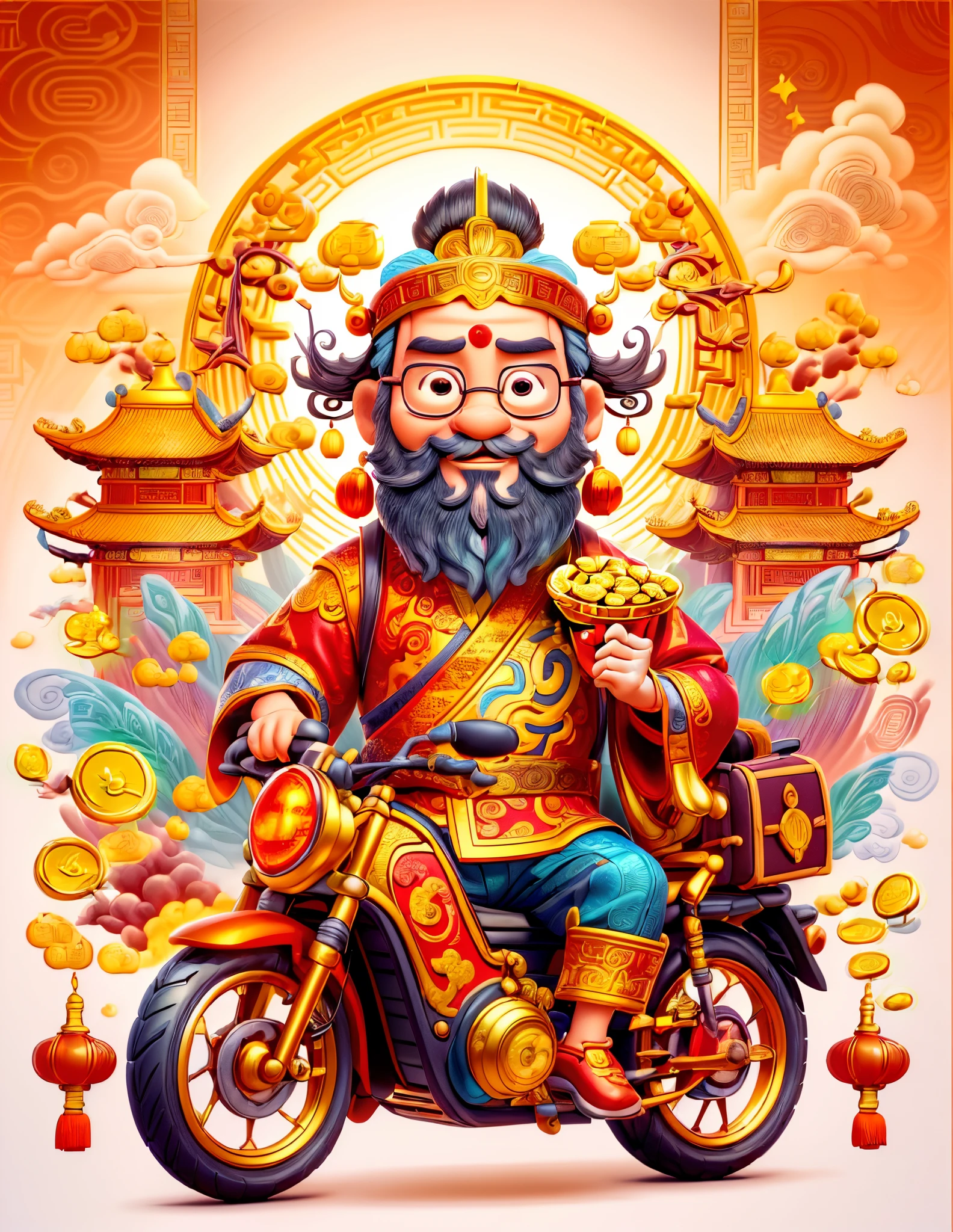 pixar style, (long shot: 1.8), (Chinese - chic Chinese mythological God of Wealth, anatomically correct, oriental elements), (A lovely God of Wealth，Riding an e-bike，Backpack packed with gold ingots，Treasures follow), (China - Stylish Illustration: 1.5, Vector Drawing: 1.5), (Chinese Colors, Advanced Color Matching, Gradient Background, White Background: 1.5), (Very Detailed, Well Designed, Clear Lines, High Definition, Best Quality, Masterpiece, Official Art, Cinematic Lighting Effects, 8K)