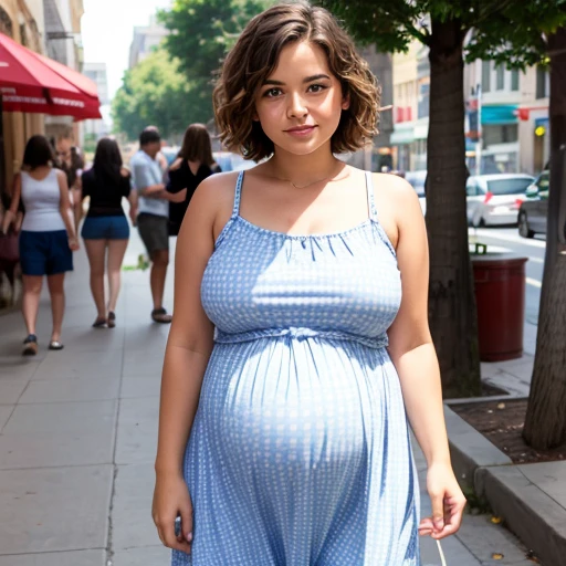 wavy hair, short hair, sundress, sidewalk cafe, massively pregnant, huge belly