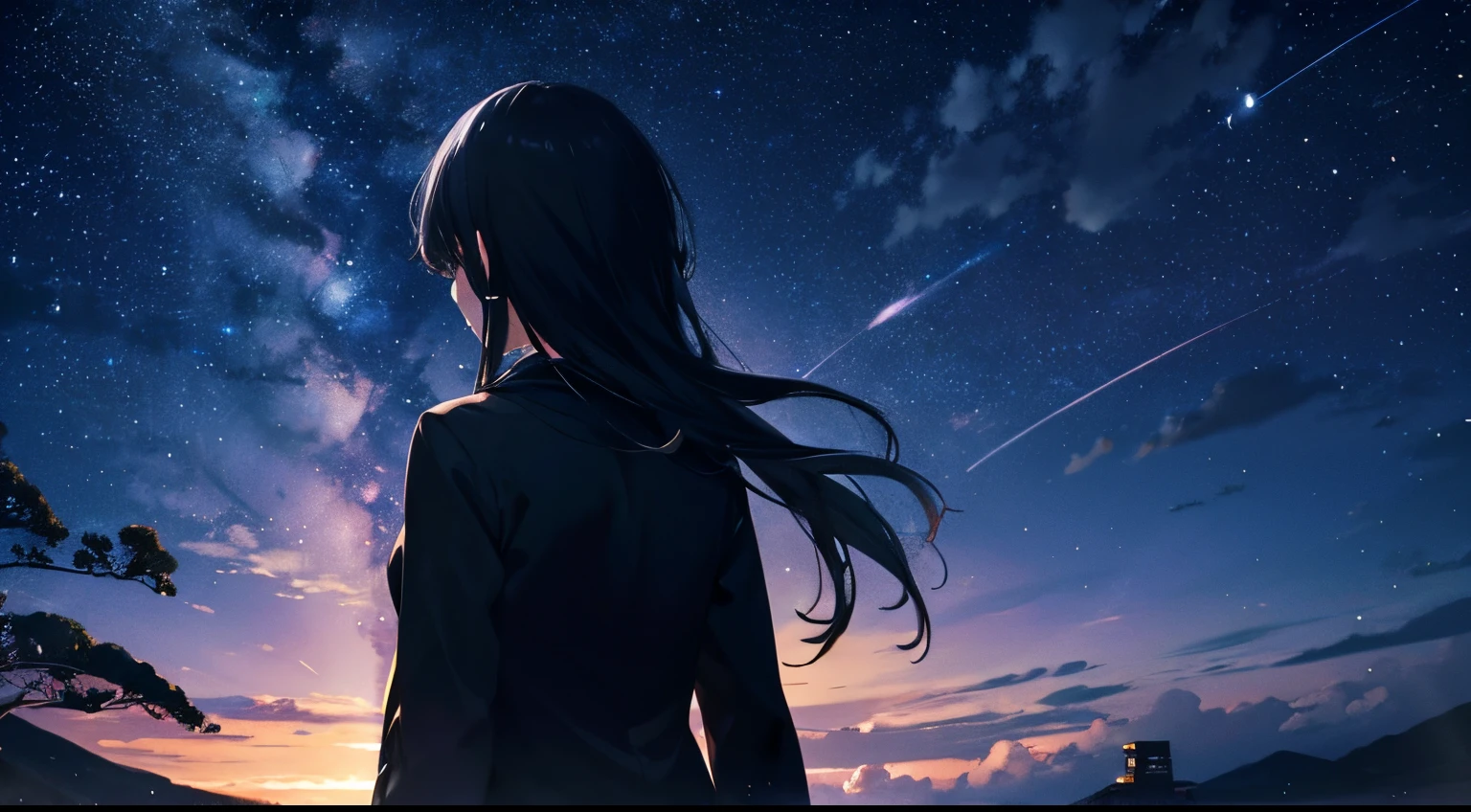 nigh sky、Starry Night、Female back view in the distance、