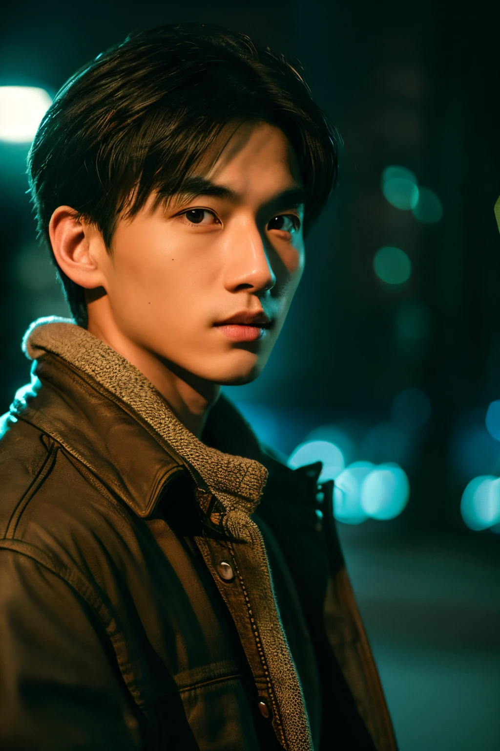 One Man、top-quality、realisitic、(faded texture)、in 8K、Detailed skin、Young Asian、20yr old、ultra-detailliert、hight resolution、Killer、There are shadows on the face、profetional lighting、Wild、Night World、A shady world、gazing into distance、