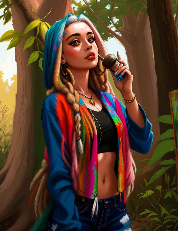mulher arafada com dreadlocks e capuz em uma floresta, em estilo de pintura digital, estilo de pintura digital, oilpainting style, in a oil painting style, Estilo na pintura digital, estilo pintura digital, menina hippie, # 1 pintura digital de todos os tempos, #1 pintura digital de todos os tempos, imagem de arte digital, Grande arte digital com detalhes