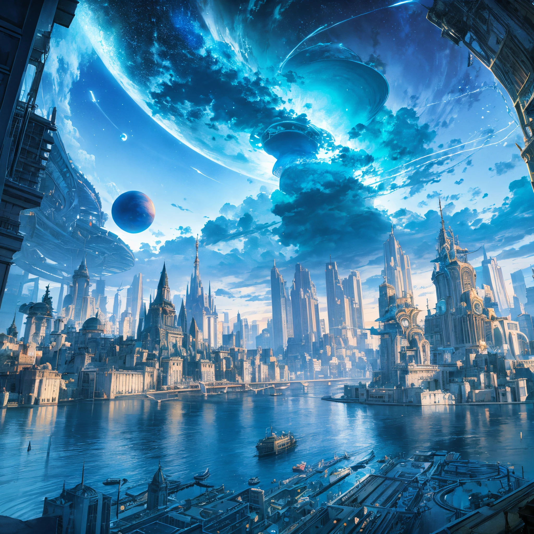 Fantasy steampunk style. A fantastic city located on an island in the middle of a beautiful blue ocean, tall skyscrapers in dark colors, evening begins, but it is still light, stars and planets are barely visible in the blue sky, photographic quality, high detail. --auto --s2