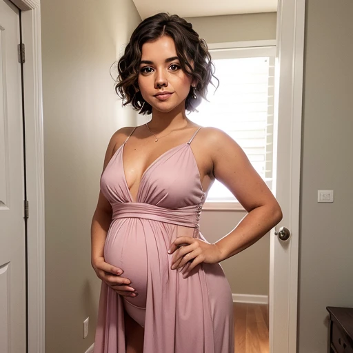 1 girl, bridesmaid dress, short hair, wavy hair, pregnant